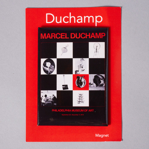 Magnet front view reproduction of vintage Philadelphia Museum of Art Marcel Duchamp exhibition poster. Black and white chess board theme on red backer card, Duchamp at top of card. Exhibition dates at bottom - September 22 through December 9, 1973.