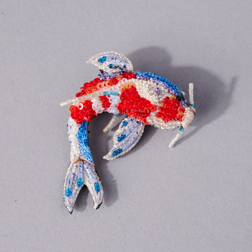 C-shaped Red, blue and white Embroidered and Beaded Kohaku Koi Pin shown flat
