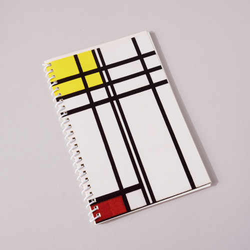 The front cover of this undated 52- week planner depicts Mondrian's Opposition of Lines, Red and Yellow, 1937. Black lines crisscross a white background in a linear pattern; reds and yellows fill some of the squares.