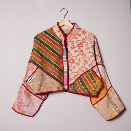 Cropped Patchwork Upcycled Quilted Kantha Jacket with Maroon Piping by Namai