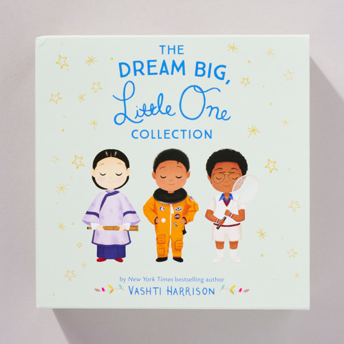 The Dream Big, Little One Collection box sleeve shows the title in blue on a pale sage background above an illustration of three figures: an explorer holding a spyglass, an astronaut, and a tennis player.