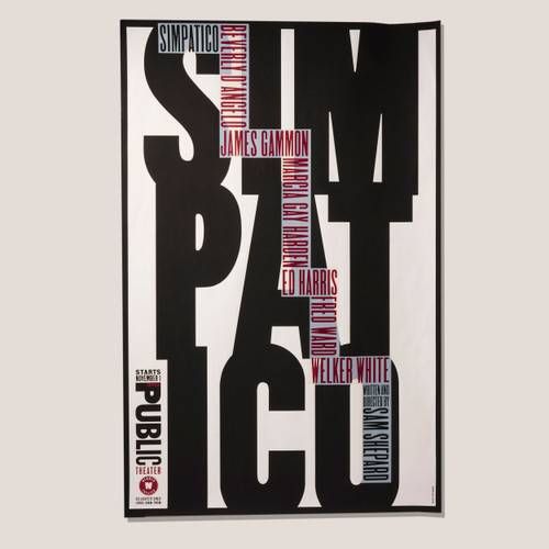 A white poster with a black border with the word simpatico in large black letters across three lines overlaid with the names of actors in red and the name of the playwright in black. There is a Public Theatre logo in the bottom left corner.
