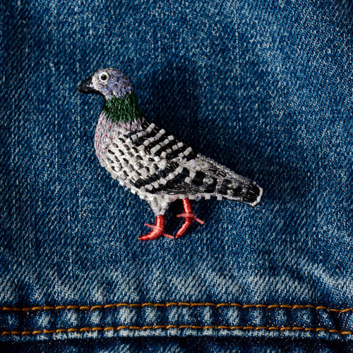 Realistic looking Embroidered & Beaded Pigeon Pin on denim jacket