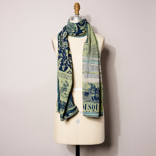 Organic French Jacquard Scarf Milady Jeans Vert woven designs in shades of light green, dark green and blue shown wrapped around the neck of a dress form