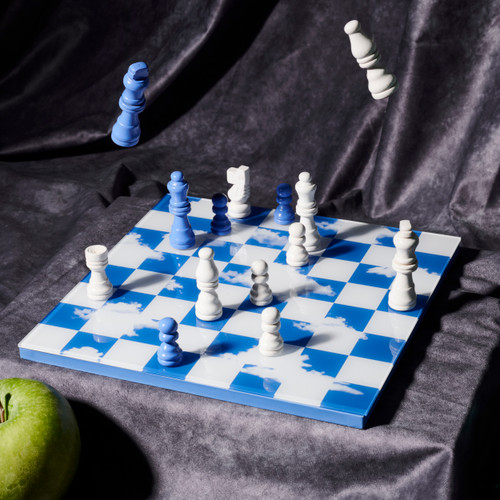 Top view image of cloud chess set board with pieces on it.