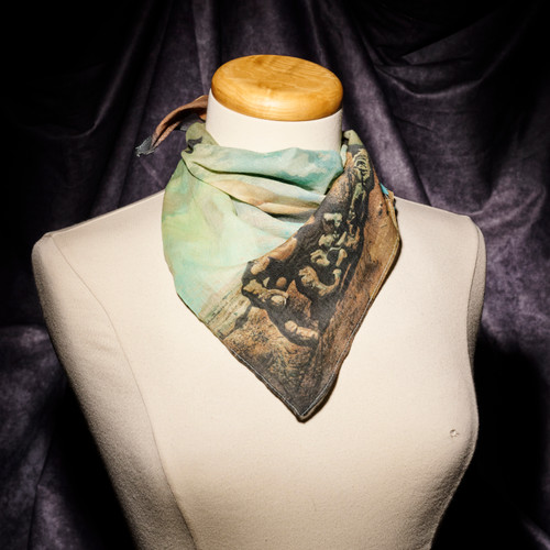 Square bandana featuring a full-bleed image of Dalí Soft Construction with Boiled Beans tied around neck of a dress form