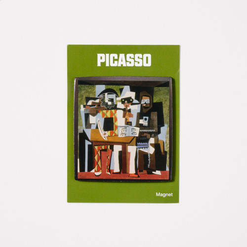 Square magnet featuring Picasso's 
 'Three Musicians' mounted on a green backer card