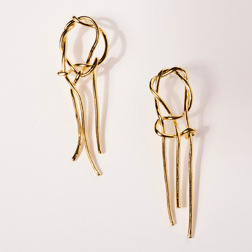 Pair of long gold-tone earrings constructed by looping thin wire into a loop with 3 ends hanging down below