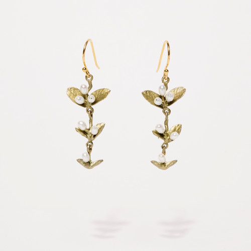 Long gold-tone bronze earrings with gold-tone ear wires consisting of 3 segments of small gold-tone leaves and tiny white pearls