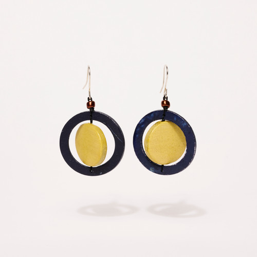 Pair of round disk earrings featuring a yellow coin-shaped disk suspended in a blue ring with a gold-toned ear wire above