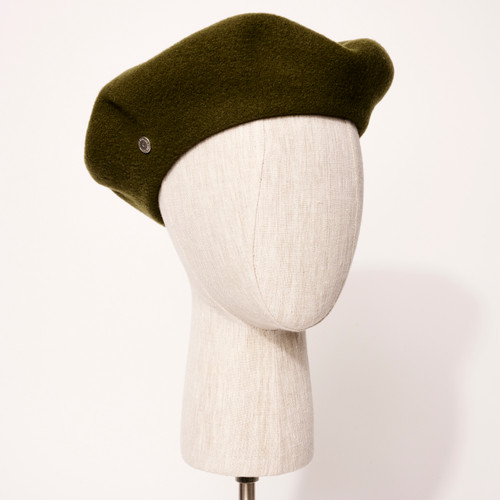 Khaki green wool beret on head form