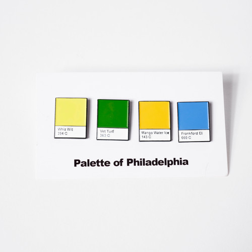 Series of 4 rectangular color swatch pins attached to white cart printed with 'Palette of Philadelphia'