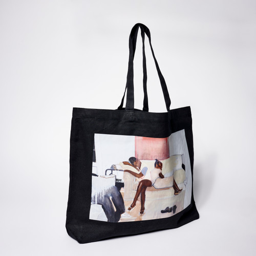 Black tote with image of Noah Davis' artwork 'untitled/girls' on front featuring 2 girls lounging on a sofa