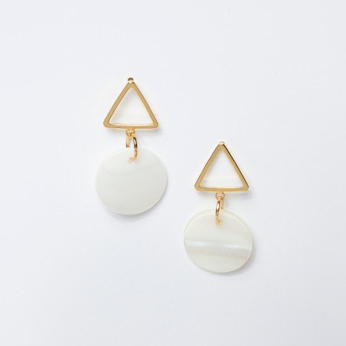 Pair of earrings consisting of white round mother-of-pearl disks suspended below gold-toned triangle framed shapes