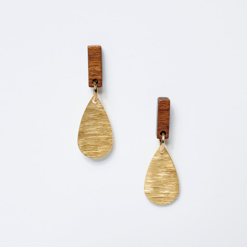 Pair of earrings featuring 2 brushed brass gold-tone teardrops above small vertical wood bars