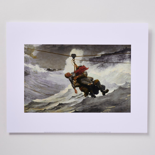 Front view of a poster depicting Homer's "The Life Line", a painting of a person being rescued at sea.