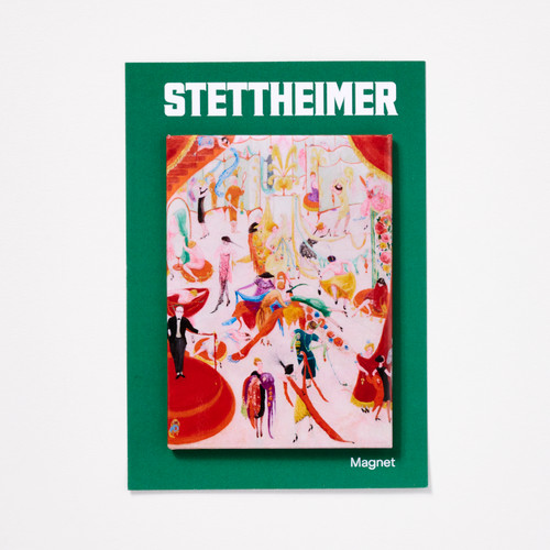 Front view of a magnet that depicts Stettheimer’s "Spring Sale at Bendel's" on a green backing card.