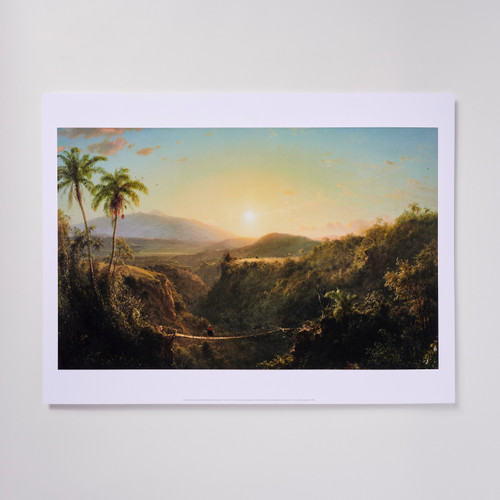Front view of a poster depicting Church's "Pichincha", a painting of a dense rainforest landscape featuring a man crossing a rope bridge over a valley.
