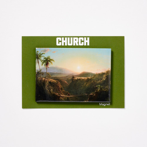 Front view of a magnet that depicts Church’s "Pichincha" painting on an olive-colored backing card.