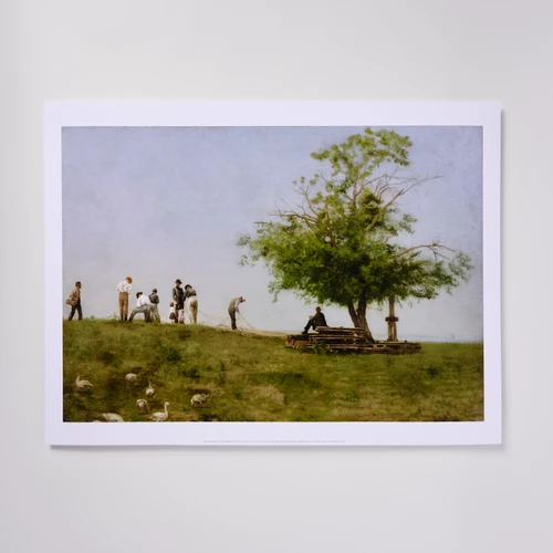 Front view of a poster depicting Eakins' "Mending the Net", a painting of a group of people at the top of a hill repairing a large net underneath a tree.