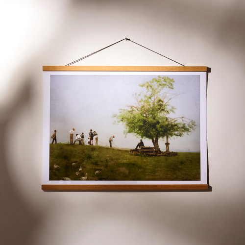 Front view of a poster depicting Eakins' "Mending the Net", hung on a wall with wooden poster hangers at the top and bottom.