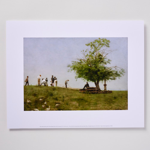 Front view of a poster depicting Eakins' "Mending the Net", a painting of a group of people at the top of a hill repairing a large net underneath a tree.