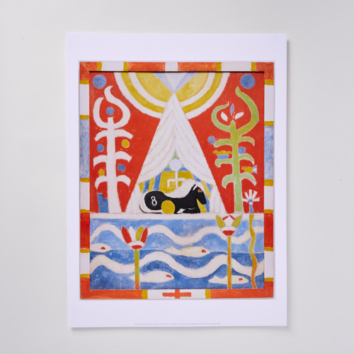 Front view of a poster depicting Hartley's "Painting No. 4 (A Black Horse)", a folk-style painting of a black horse surrounded by red, yellow, and blue designs.