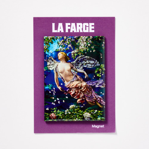 Front view of a magnet that depicts La Farge’s "Spring" on a plum-colored backing card.
