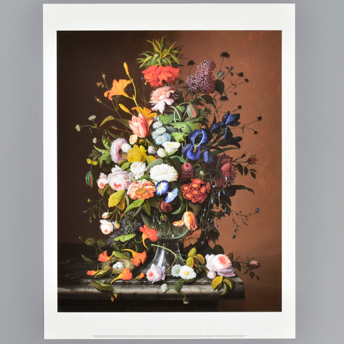 Front view of a poster depicting Roesen's "Flower Still Life with Bird's Nest, 1853", a painting of a colorful bouquet of flowers and a very small bird's nest.