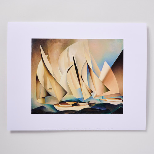 Front view of a poster depicting Sheeler's "Pertaining to Yachts and Yachting", a cubist painting of sailboats.