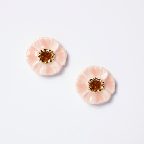 Large Round Pink Flower Hand-Drawn Porcelain Earrings