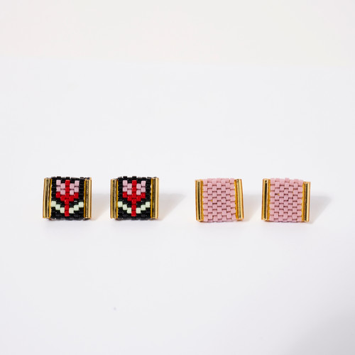 Beaded Tulip Stud Set Earrings in Black & Lilac