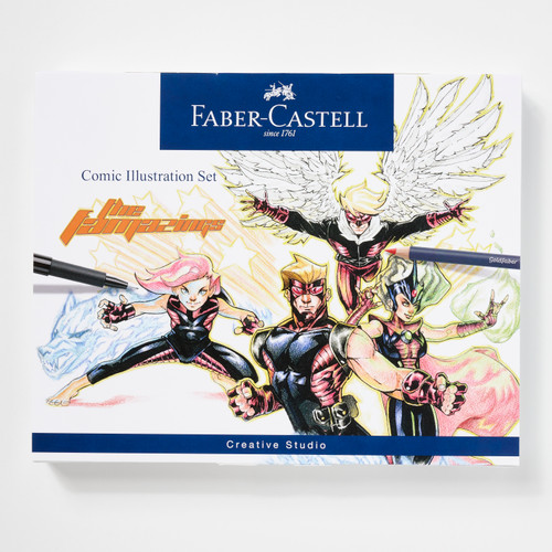 Front view of the packaging for the stationery set, showcasing examples of illustrations that can be created with the set.