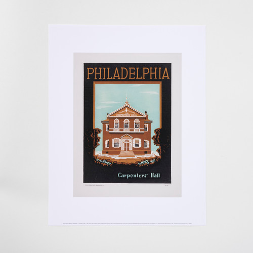 Front view of a vintage poster with a black, baby, blue and brown tonal graphic of Philadelphia's Carpenter's Hall building.