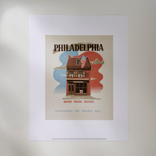 Front view of a vintage poster with a pastel red, white, blue, and brown tonal graphic of Philadelphia's Betsy Ross House in dappled window lighting.