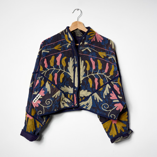 Blue Floral Suzani Cropped Kaira Upcycled Quilted Kantha Jacket by Namai