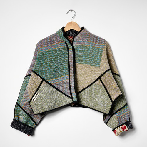 Black Violet Cropped Kaira Upcycled Quilted Kantha Jacket by Namai