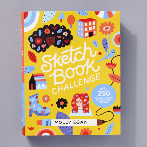 The front cover of Sketch Book Challenge shows a collection of illustrations of people, flowers, buildings, and other items arranged around the title in white text on a yellow background.