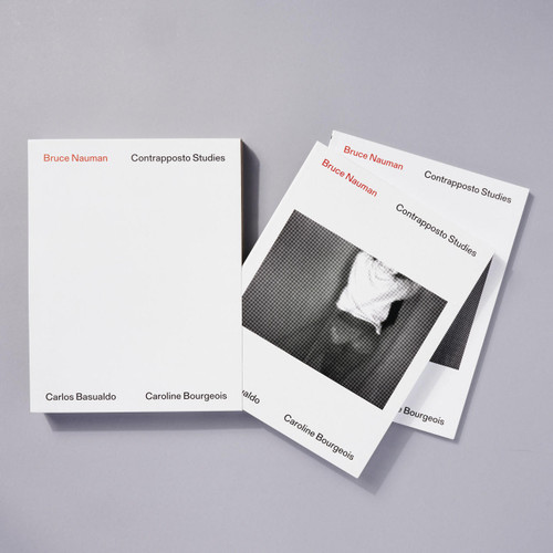 Slip cover and both volumes of Bruce Nauman: Contrapposto Studies. The cover of the top book shows a black and white photograph of a figure from behind.