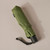 Olive-toned umbrella shown folded in olive-toned sleeve with wrist strap