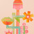 This poster depicts several blooming flowers in abstract form. The background color of the poster is a pale peach color. The flowers are varying shades of oranges, pinks, greens and blues. This view shows a close-up detail of the floral image.