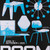 A close up of blue and white pixelated mid-century style furniture pieces on a black poster.