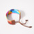 Overhead view of Bracelet featuring soft and flexible band of multi-color beaded material with leather tie closure