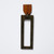 Single earring consisting of dark wood rectangle frame above lighter wood curved-bottom rectangle