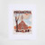 Front view of a vintage poster with a baby blue, orange, and brown tonal graphic of Philadelphia's Old Swedes Church.