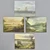 Four notecards with marine and landscape paintings are arranged in a diamond shape that show, from the top going clockwise, a painting of several ships in the midground with a small sailboat in the foreground, a painting of a lake in a mountainous landscape with a pair of figures at the shore, a painting of a building and a river viewed from the top of a hill, and a painting of a building viewed from across a river with a group of onlookers on the near bank.