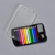 The mini color pencil set is shown flat on a grey surface. The plastic protective sleeve is featured to the side. In view and placed inside the packaging are 12 colored pencils, a grey eraser and a small sharpener.