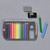 The mini color pencil set is shown flat on a grey surface. The plastic protective sleeve is featured to the side. In view and placed inside the packaging are 10 colored pencils. Two mini pencils, plus the grey eraser and the sharpener, are shown to the side and above the set.