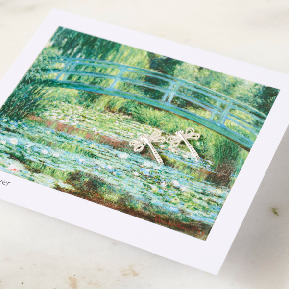Sterling Silver Dragonfly Earrings on Monet Footbridge Card