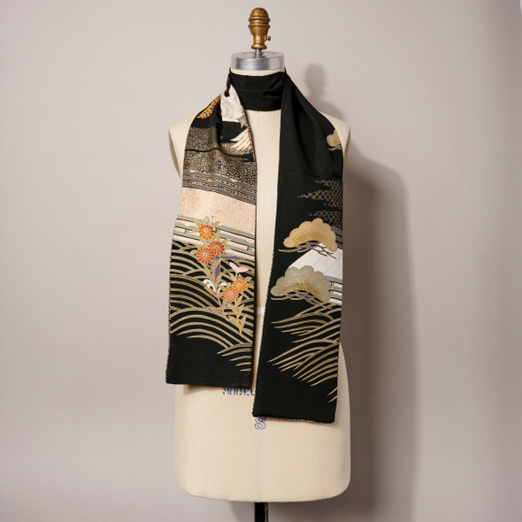 Gold Crane Hand Painted Silk Yūzen Scarf